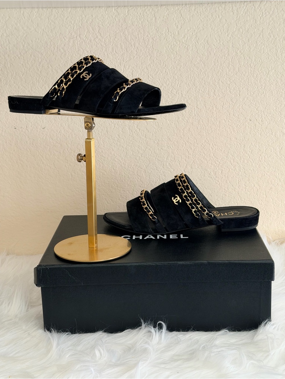 CHANEL Black Suede Chain-Trim Slide Mules